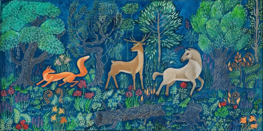 Illustration of deer and wildlife in a forest