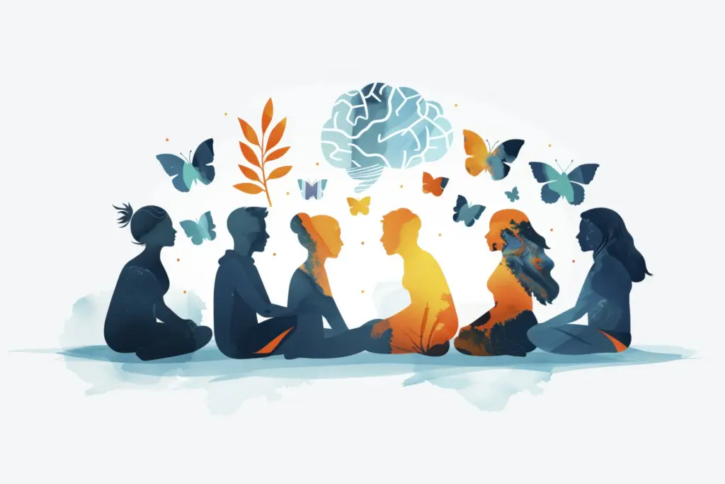 Illustration of people sitting in a circle sharing thoughts