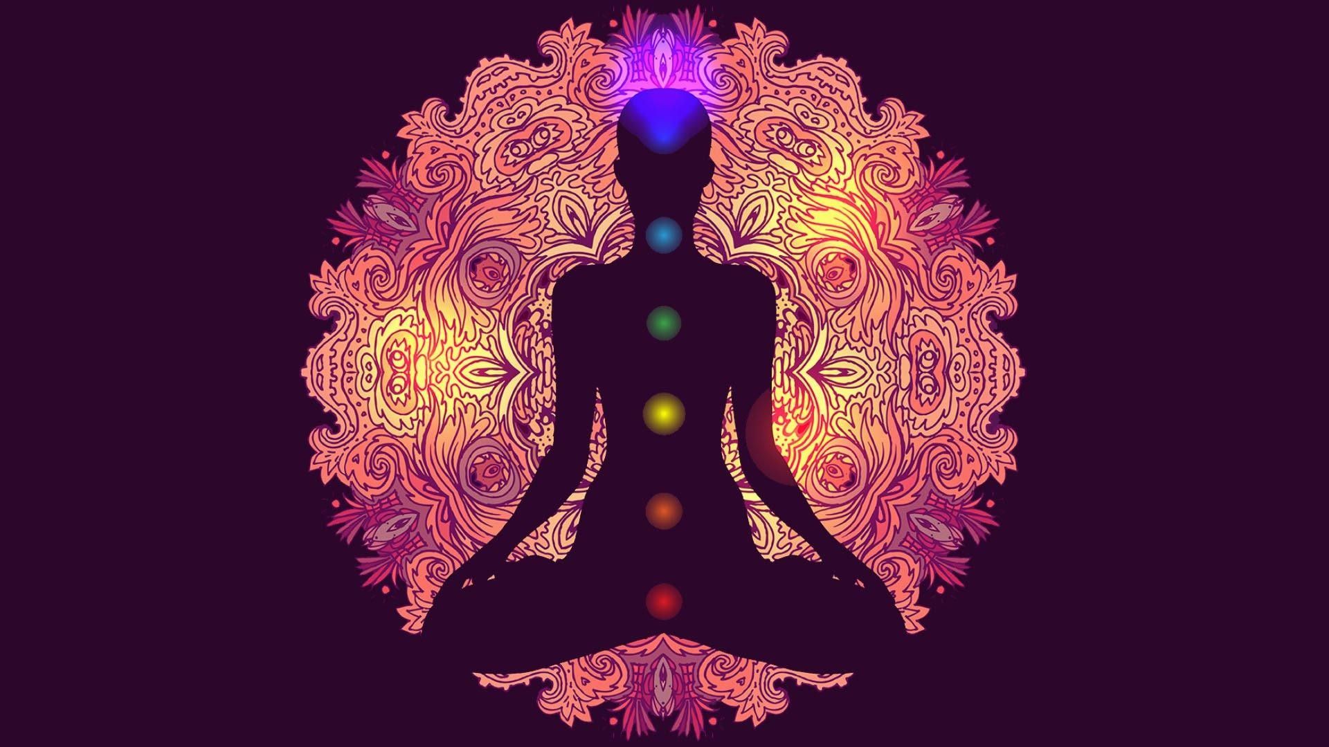 Meditating silhouette with glowing chakra points