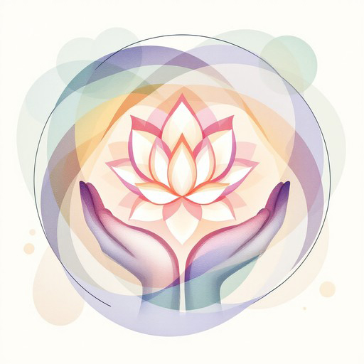 Stylized hands holding a glowing lotus symbol