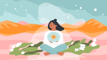 Illustration of a person meditating in a natural landscape